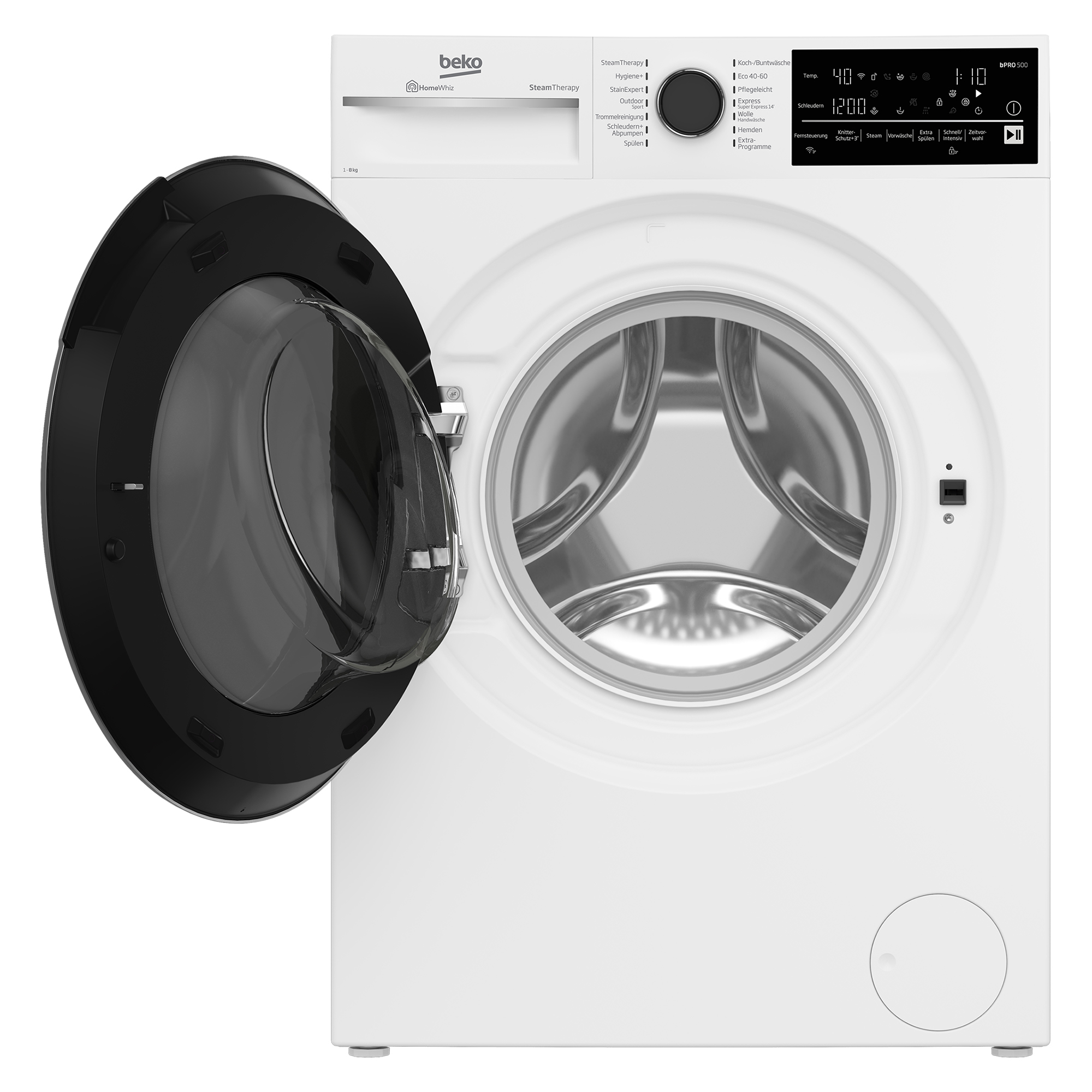 Eine weiße Beko Waschmaschine mit geöffneter schwarzer Glastür und digitalem Display.
