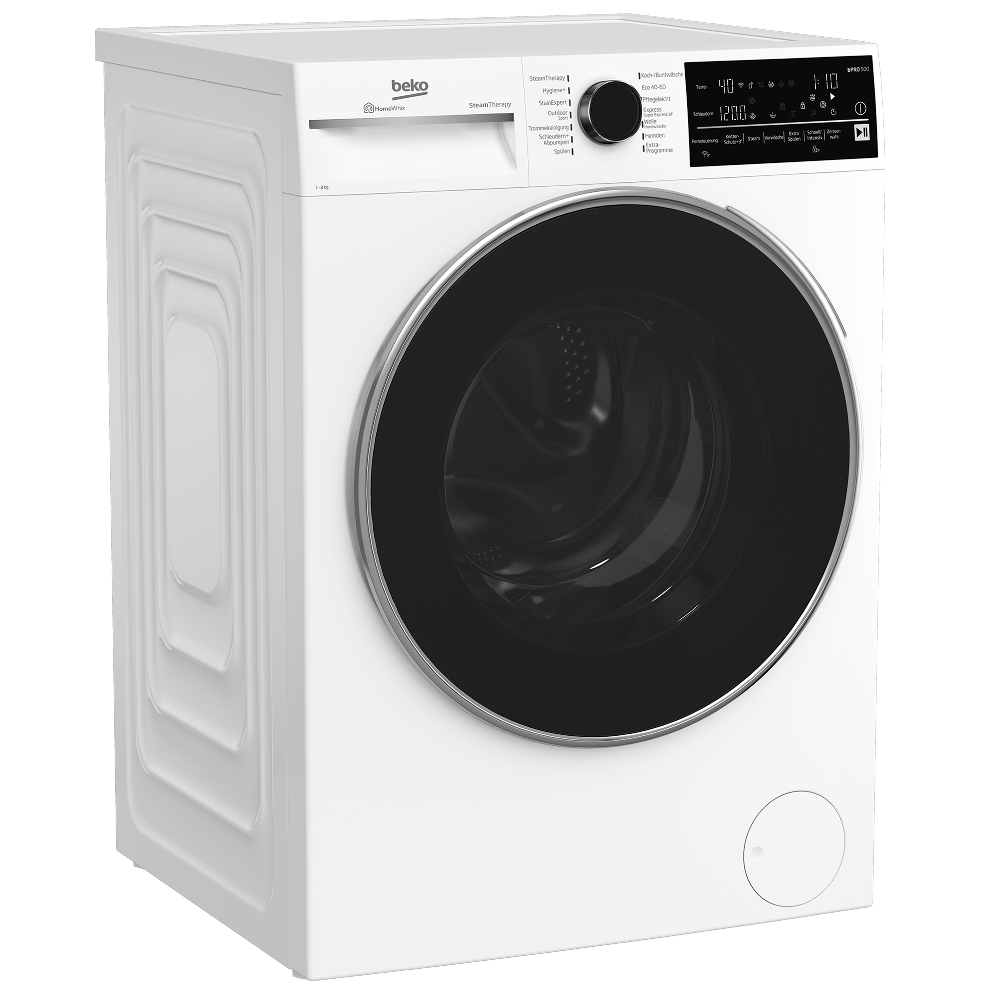 Eine weiße Beko Waschmaschine mit schwarzer Tür und digitalem Bedienfeld vor weißem Hintergrund.