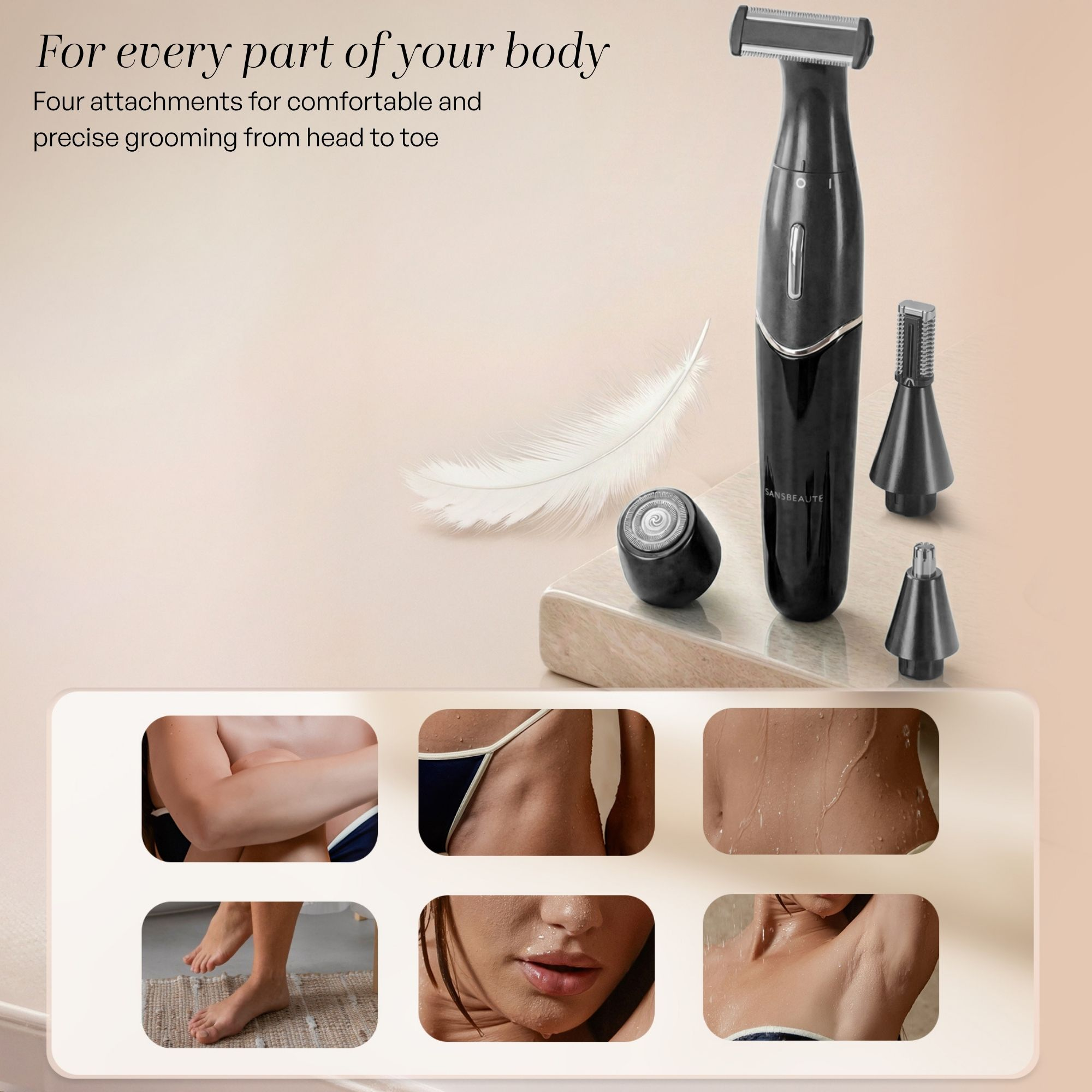 Black body trimmer with attachments and six body care demonstration images.