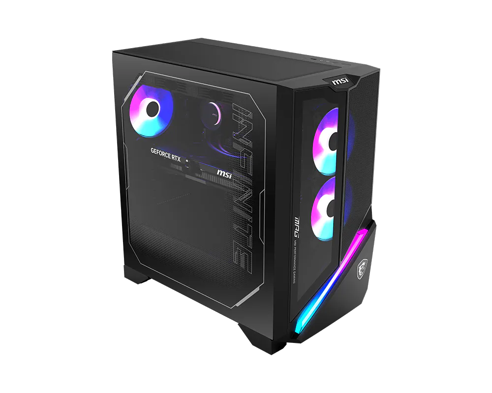 Un tower PC da gaming MSI nero con vivace illuminazione RGB su ventole e pannello frontale, visto angolato.