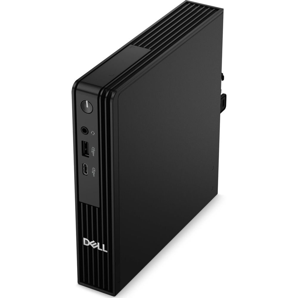 Un mini PC Dell nero si trova verticalmente su una superficie bianca, mostrando le porte frontali.