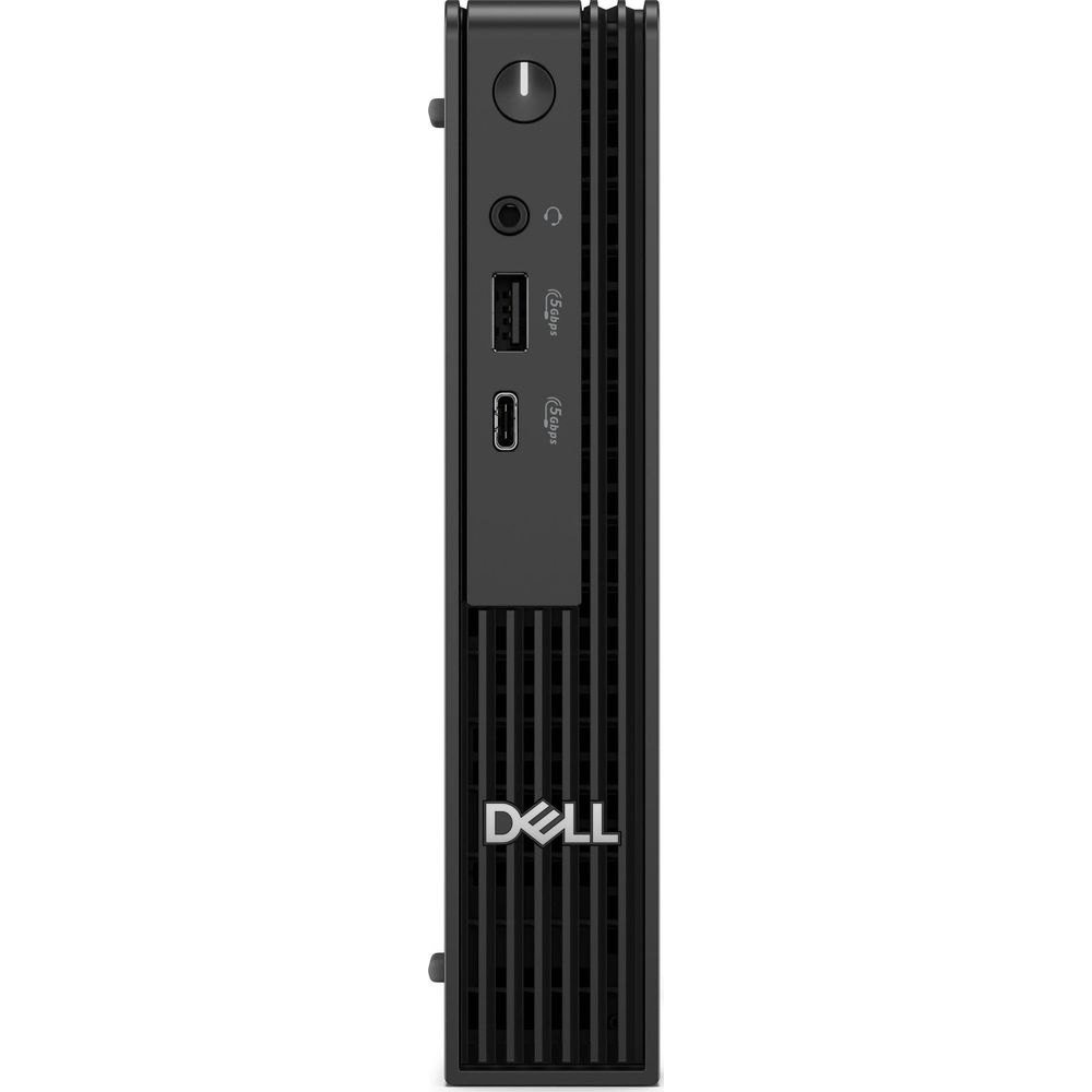 Vista frontale di un mini PC Dell nero con pulsante di accensione, jack audio e due porte USB.
