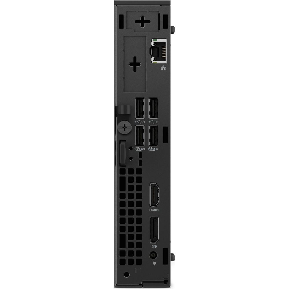 Pannello posteriore di un mini PC nero con porte USB, HDMI, DisplayPort ed Ethernet.