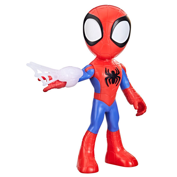 Un juguete estilizado de Spider-Man en rojo y azul con grandes ojos blancos dispara una red blanca.