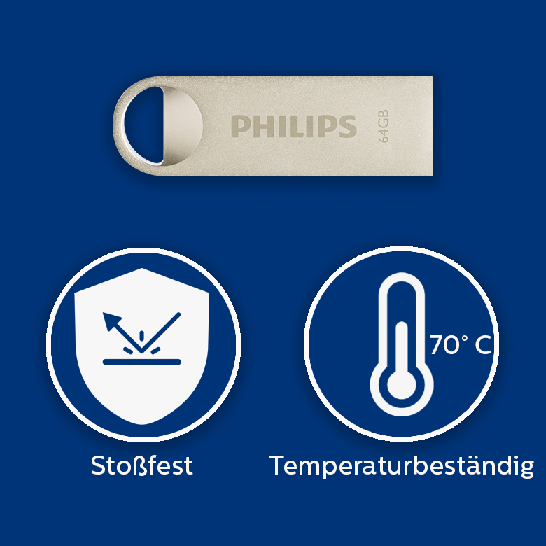 Philips 64GB USB-flashdrive met schokbestendige en temperatuurbestendige iconen op blauwe achtergrond.