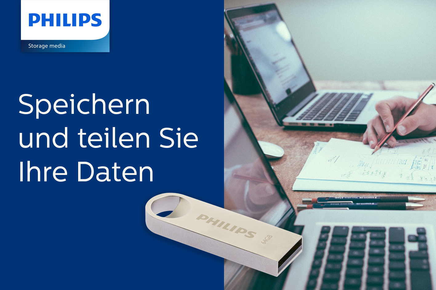 Een Philips USB-stick op een bureau met laptops en notities, naast een blauwe banner met Duitse tekst.