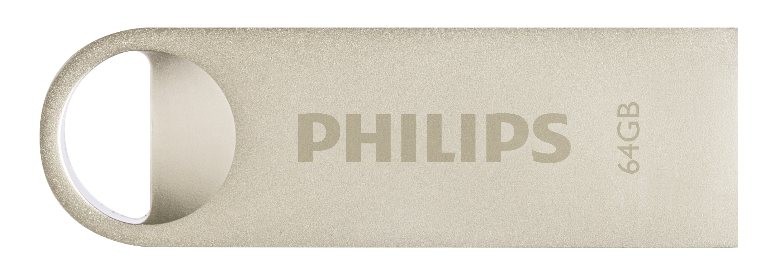 Een zilveren Philips USB-flashdrive van 64 GB met een rond gat aan het uiteinde op een witte achtergrond.