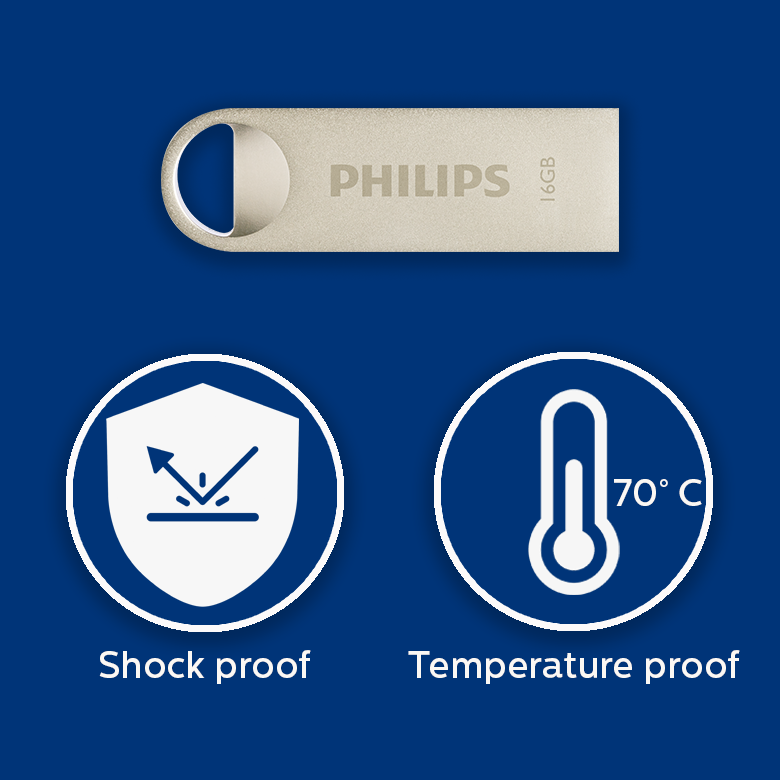 Clé USB Philips 16 Go avec icônes antichoc et résistance à la température sur fond bleu.