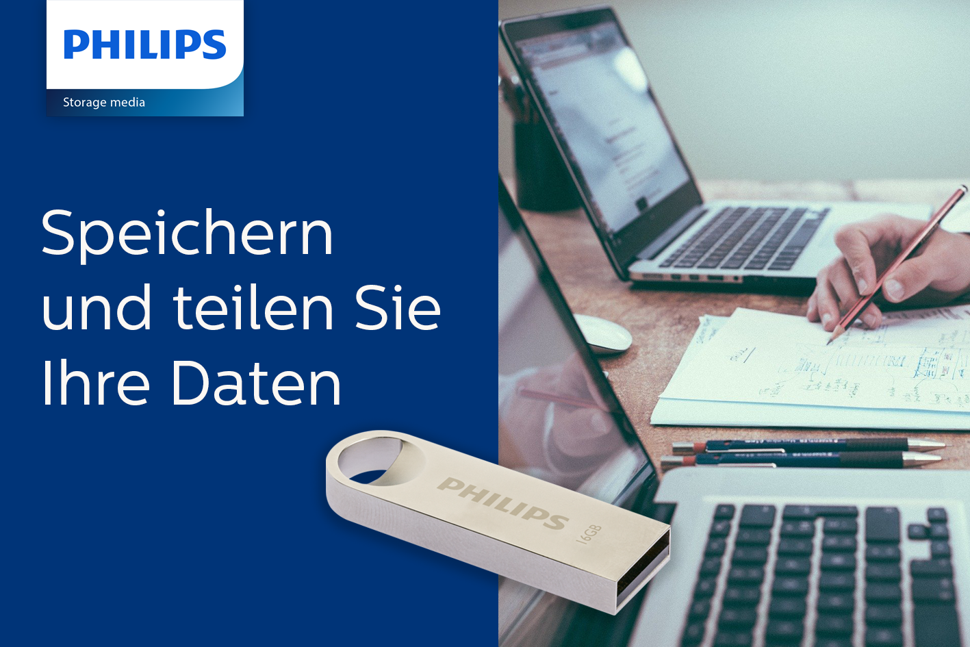 Une clé USB Philips sur un bureau avec un ordinateur portable et du texte allemand sur fond bleu.