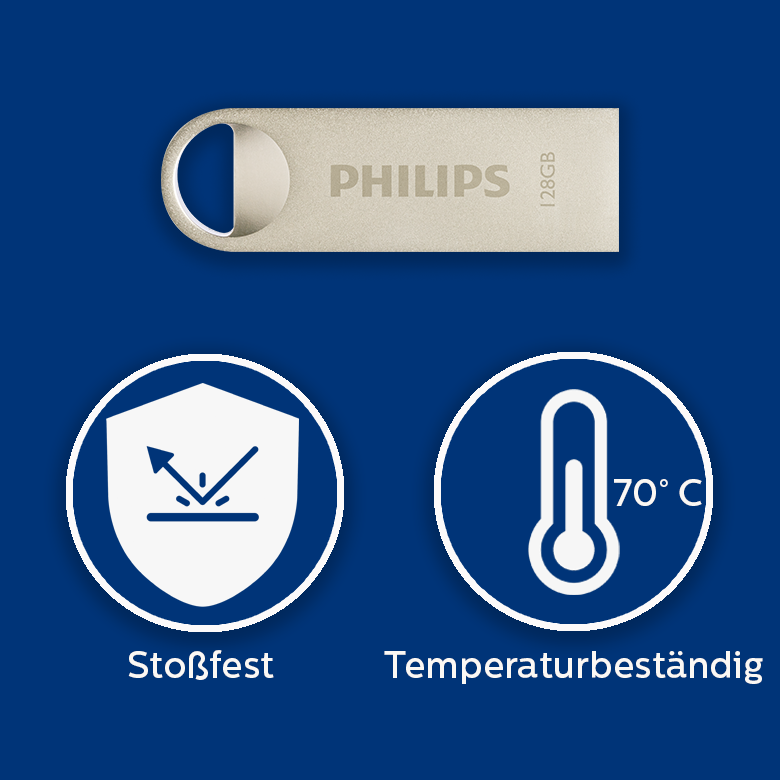 Clé USB Philips 128 Go avec icônes de résistance aux chocs et aux températures jusqu'à 70 °C sur fond bleu.