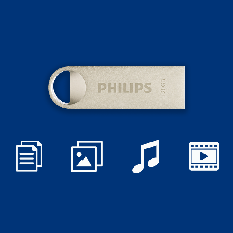 Une clé USB Philips 128 Go argentée sur fond bleu avec des icônes pour documents, images, musique et vidéo.