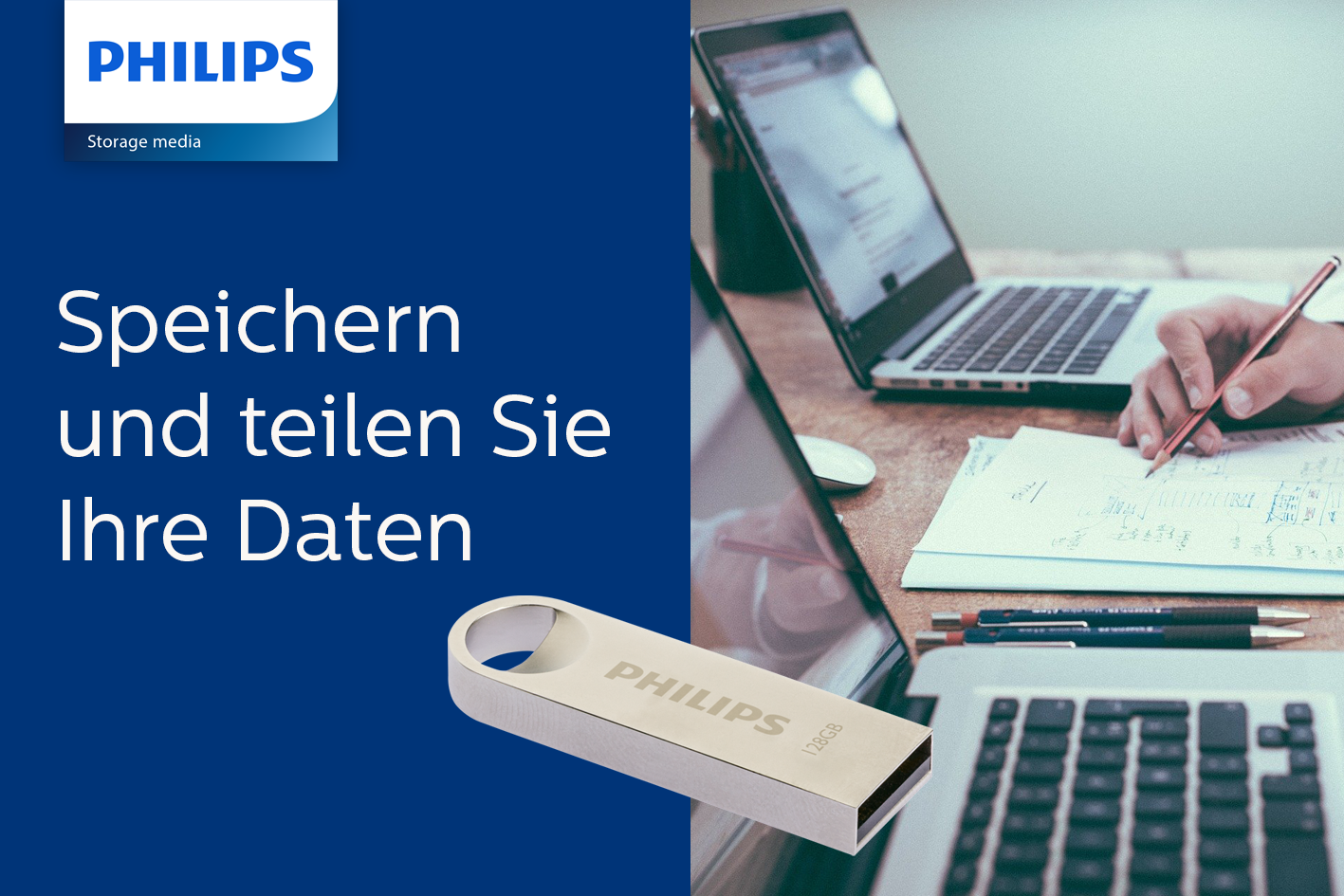 Clé USB Philips devant un fond avec ordinateur portable, notes et le texte 'Speichern und teilen Sie Ihre Daten'.