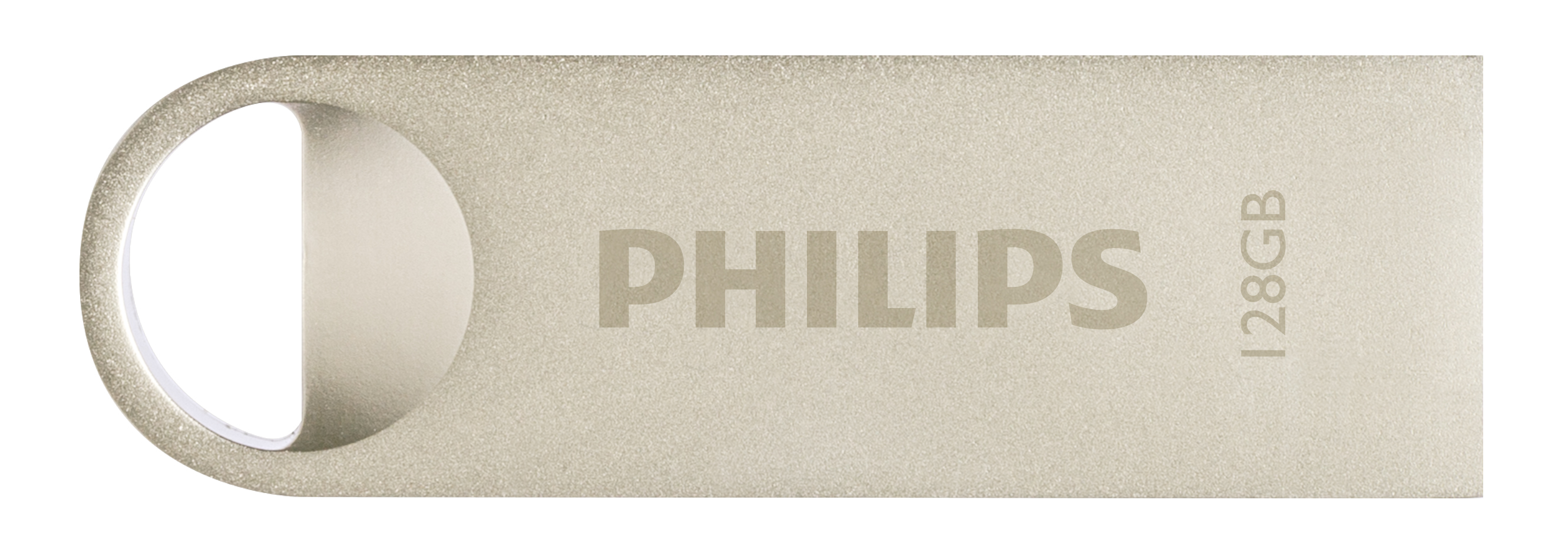Une clé USB Philips 128 Go de couleur dorée avec une grande ouverture annulaire à gauche sur fond blanc.