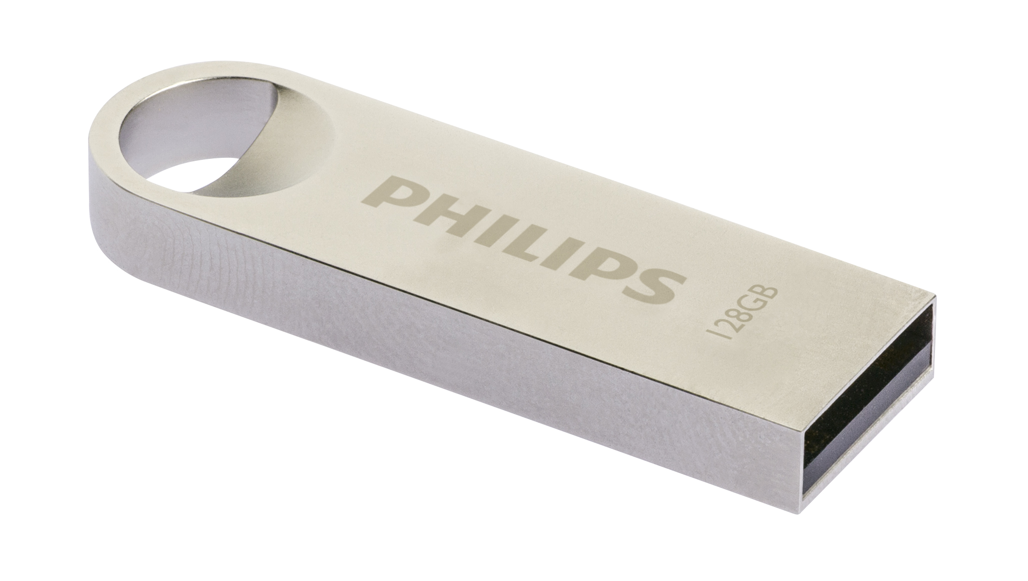 Une clé USB Philips argentée de 128 Go avec un trou pour porte-clés sur fond blanc.