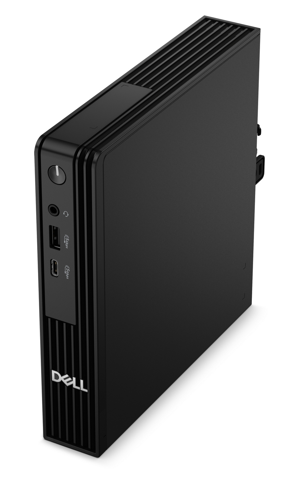 Un mini PC Dell nero e sottile su sfondo bianco, con porte frontali e logo Dell.