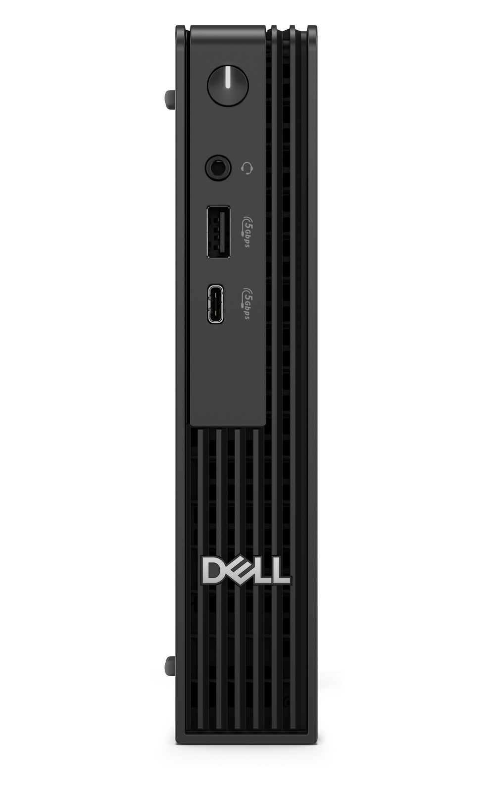 Pannello frontale di un PC desktop Dell nero con pulsante di accensione, jack per cuffie, porte USB e logo Dell.