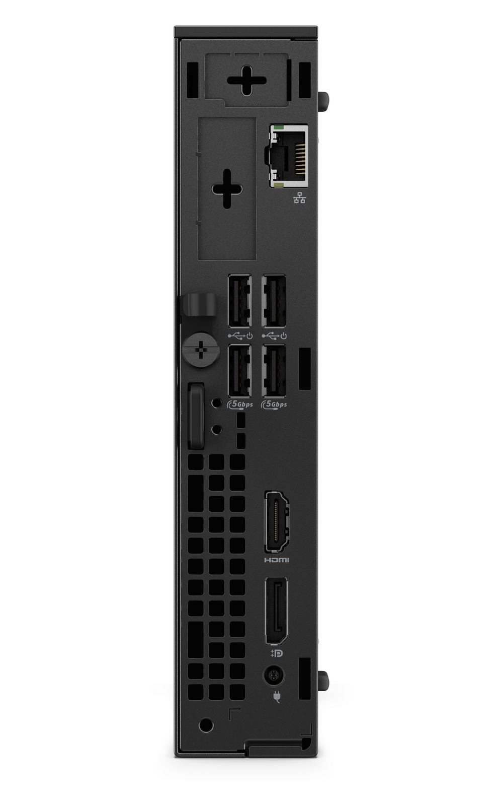 Vista posteriore di un mini PC nero che mostra porte USB, HDMI, DisplayPort ed Ethernet.