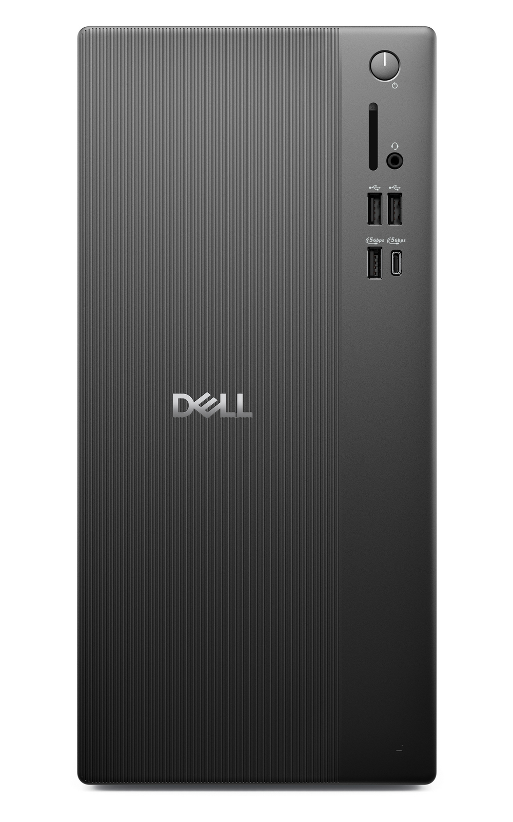Vista frontale di un tower desktop Dell grigio con strisce verticali, pulsante di accensione, porte USB e jack audio.