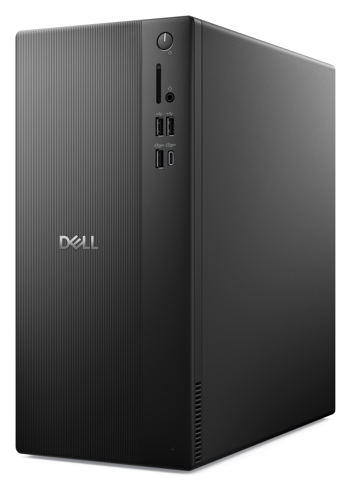 Un computer desktop Dell nero si trova su una superficie bianca con scanalature verticali sul pannello frontale.