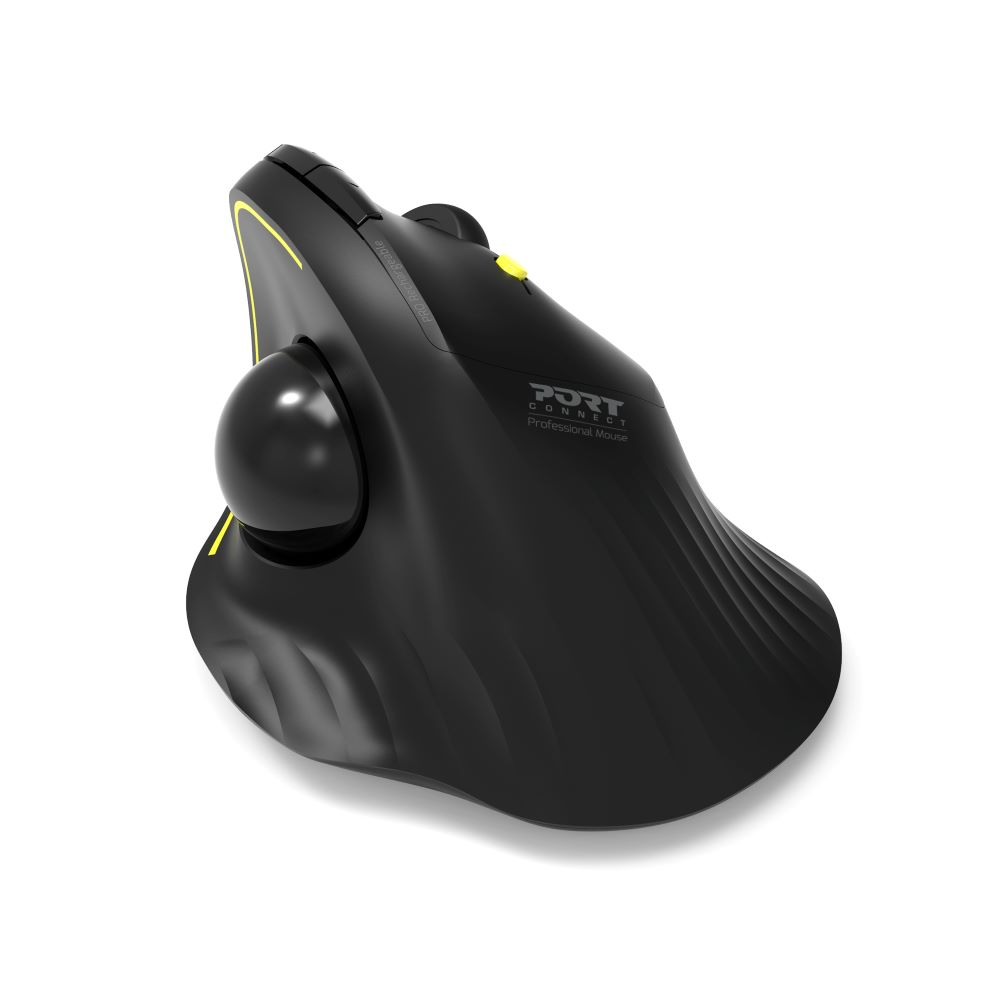 Un ratón trackball ergonómico negro con detalles amarillos y logotipo de la marca sobre fondo blanco.