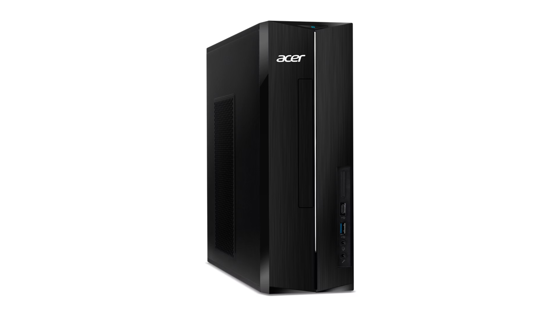 Un computer desktop Acer nero con barra LED verticale e porte anteriori.