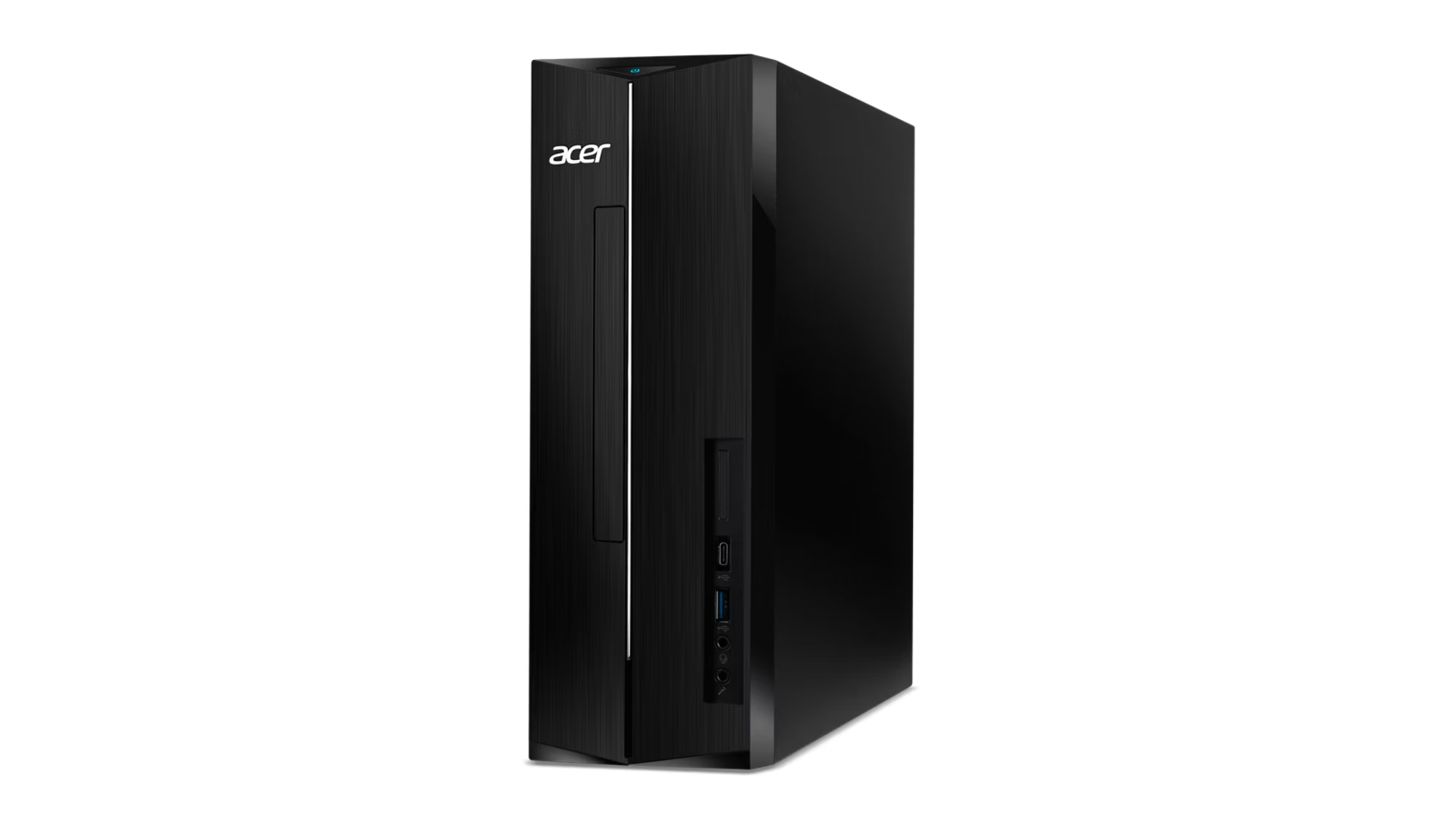 Un computer desktop Acer nero è mostrato su sfondo bianco.