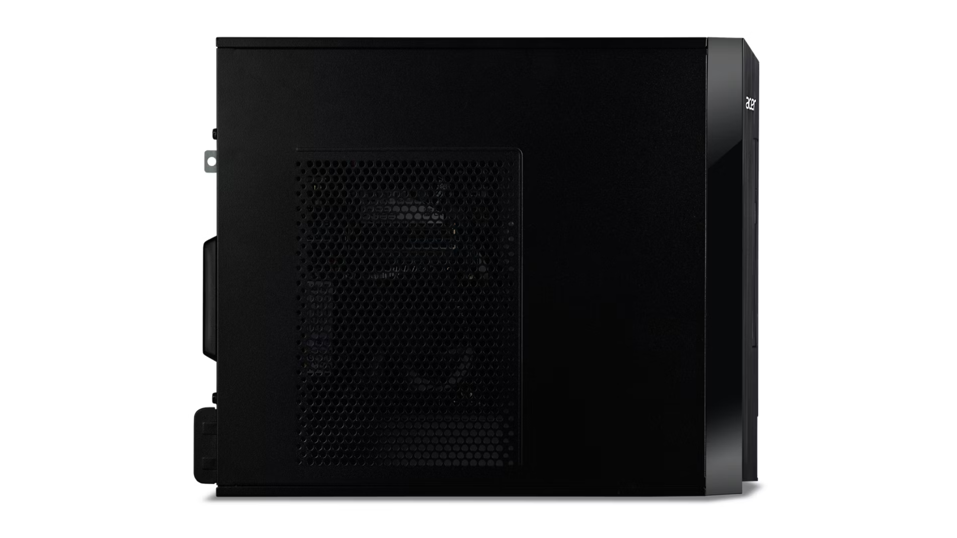 Tower per computer desktop nero visto di lato con una griglia di ventilazione.