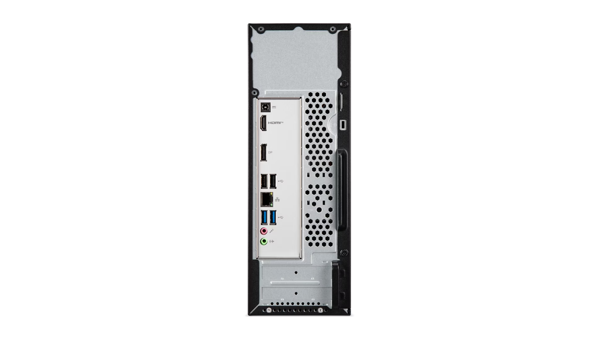 Pannello posteriore di un computer desktop nero con porte HDMI, USB e audio.