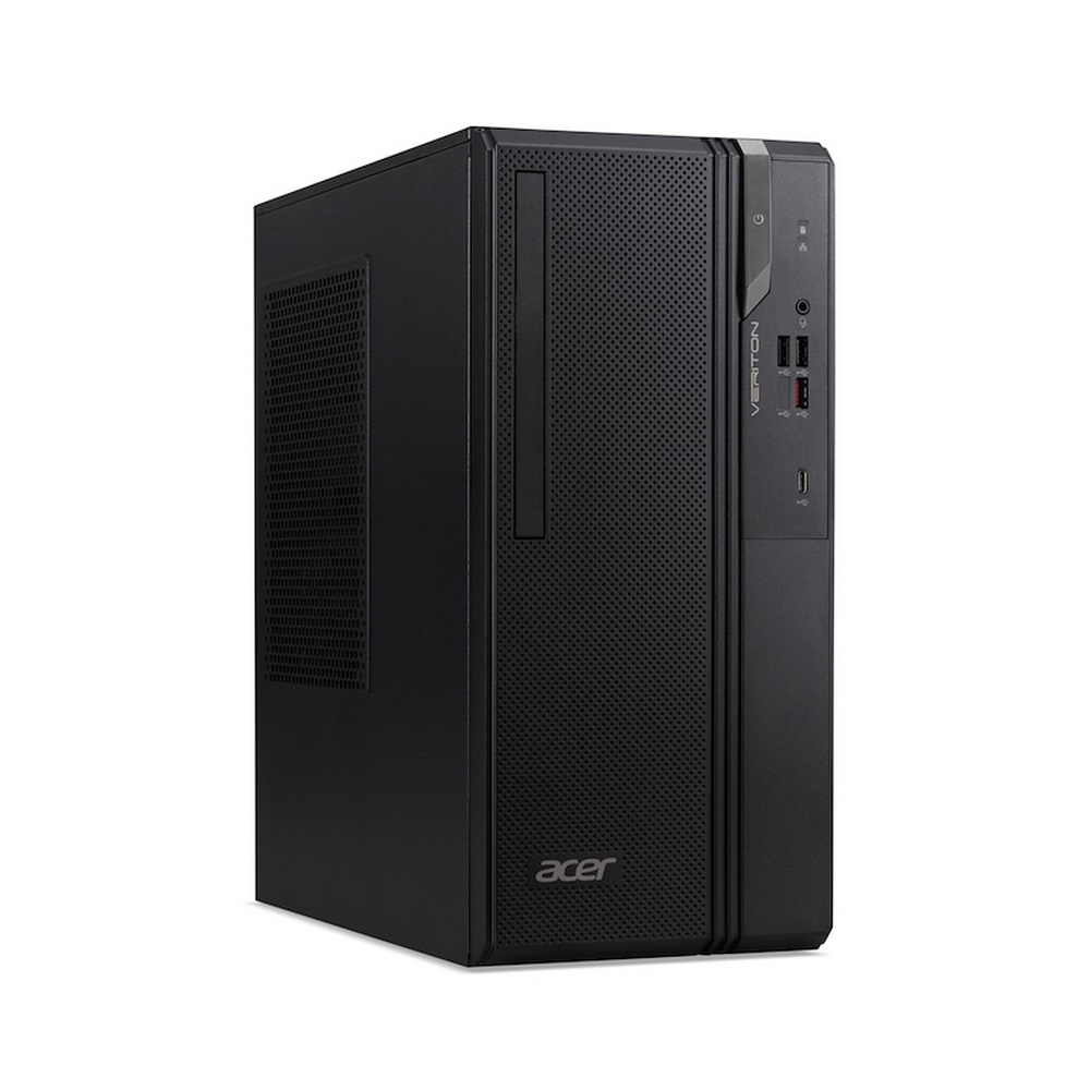 Un tower PC desktop Acer Veriton nero su sfondo bianco con porte USB.