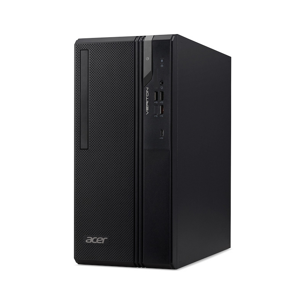 Un computer desktop Acer Veriton nero su uno sfondo bianco.
