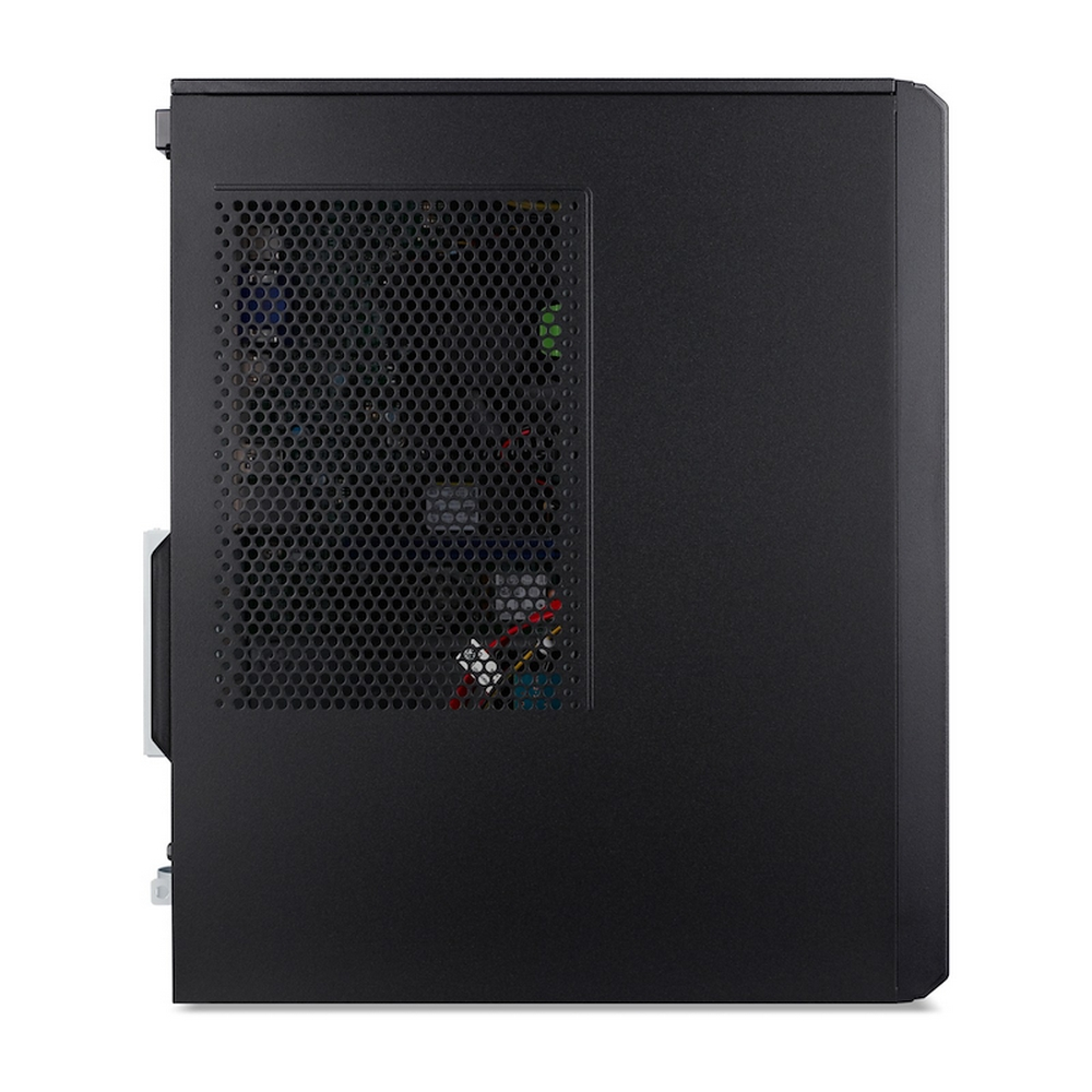 Vista laterale di un case per computer nero con una griglia di ventilazione circolare a sinistra.