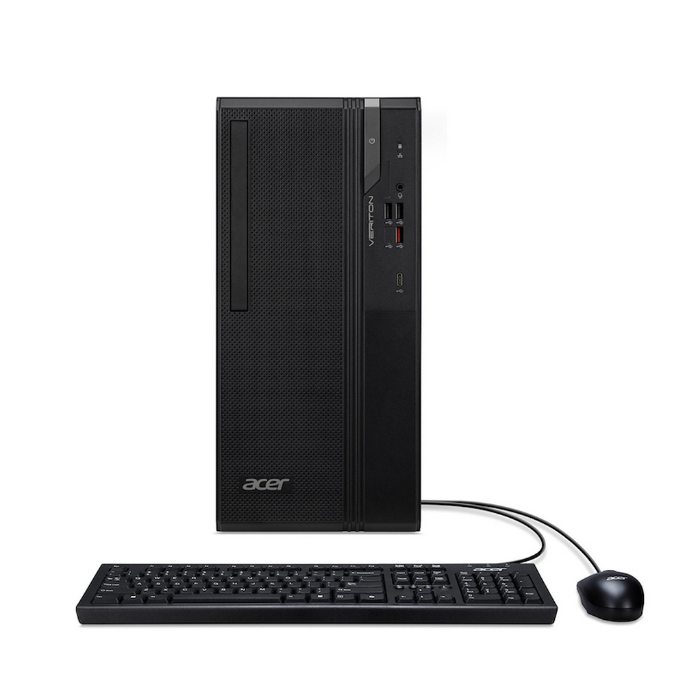Un PC desktop Acer nero con tastiera e mouse su uno sfondo bianco.