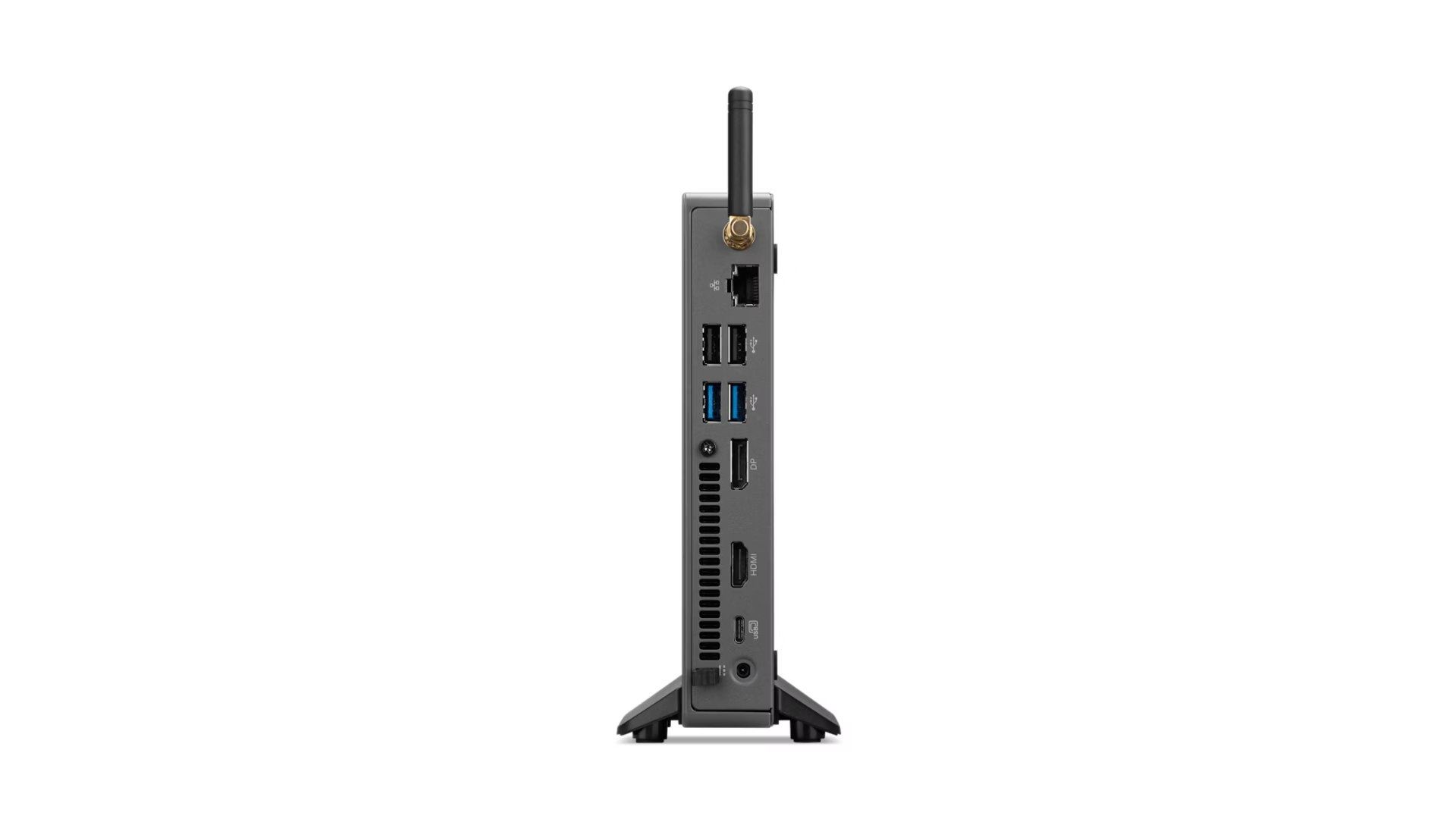 Vista posteriore di un mini PC grigio con antenna e varie porte.
