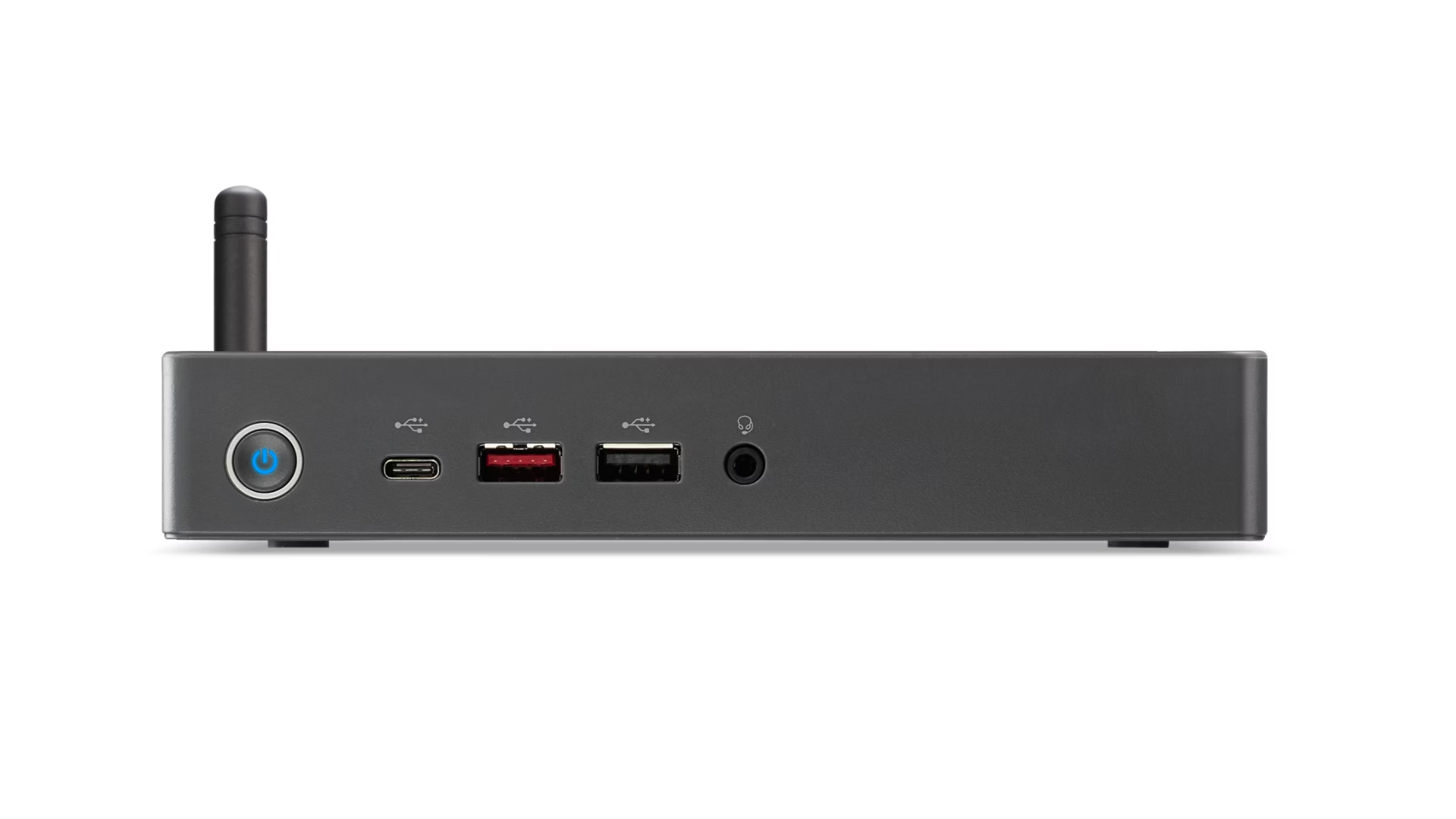 Vista frontale di un mini PC nero con pulsante di accensione, antenna, porte USB-C, USB e jack audio.