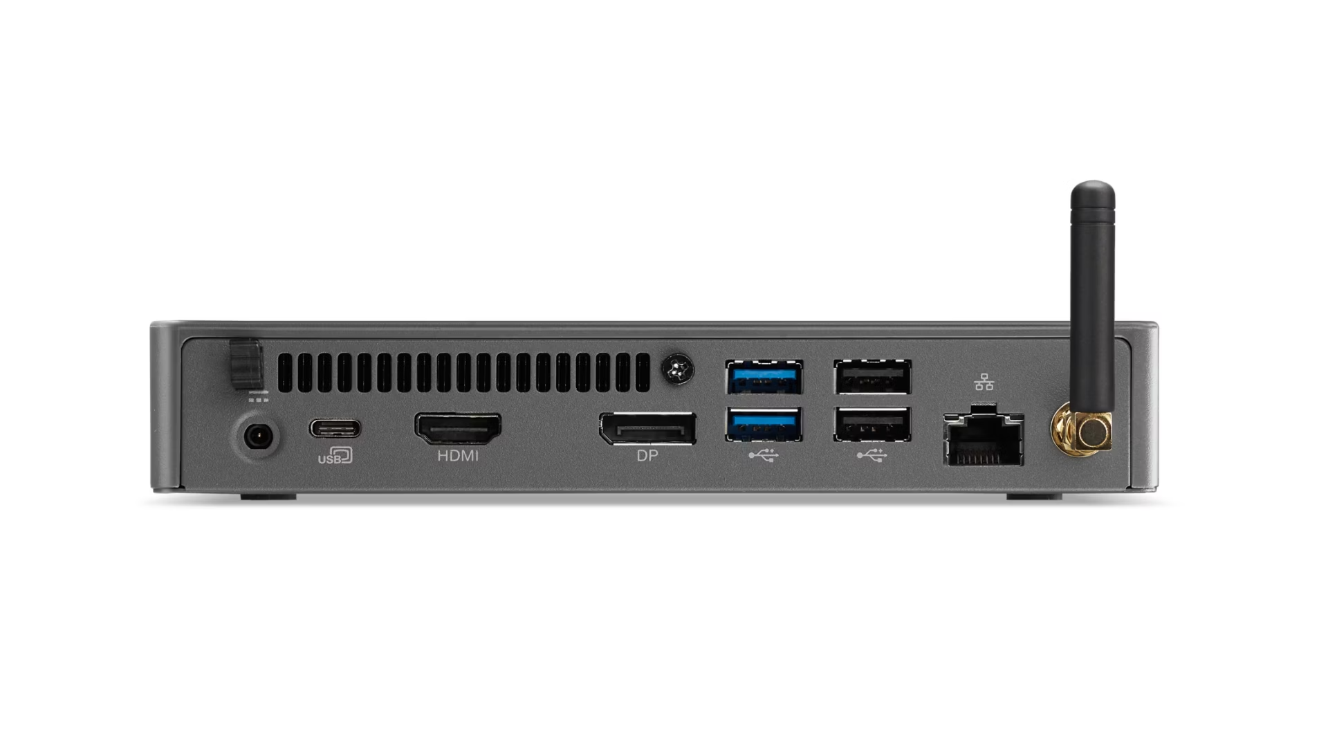Pannello posteriore di un mini PC grigio con porte USB, HDMI, DisplayPort, LAN e un'antenna.