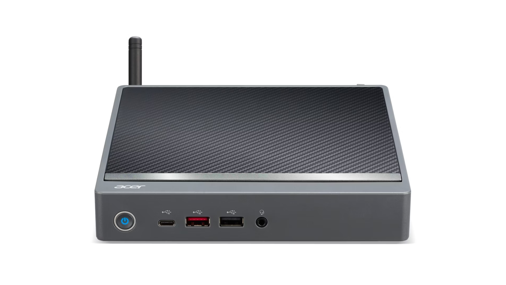 Mini PC Acer grigio compatto con porte frontali e antenna su sfondo bianco.