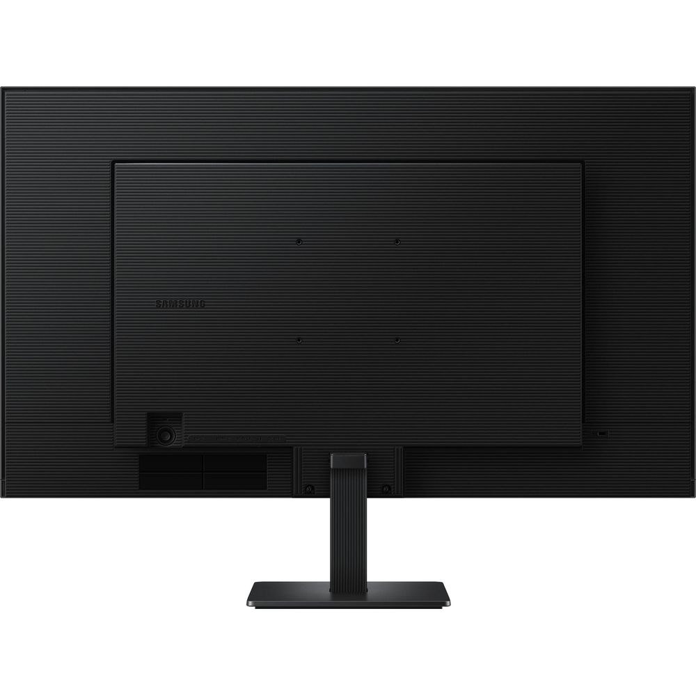 Retro di un monitor nero Samsung con involucro scanalato, supporto centrale e fori per montaggio VESA.
