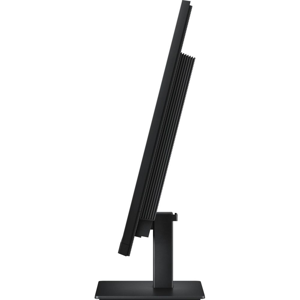 Vista laterale di un sottile monitor per computer nero su supporto con base piatta su sfondo bianco.