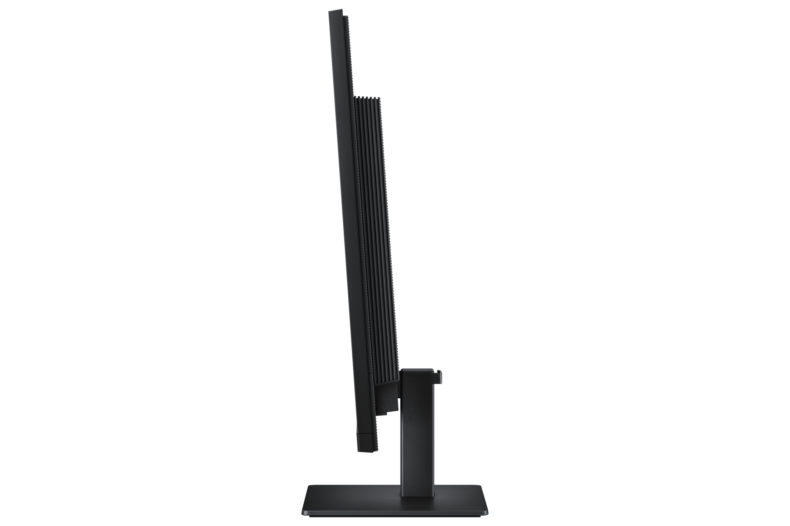 Vista laterale di un moderno monitor per computer nero con supporto sottile su sfondo bianco.