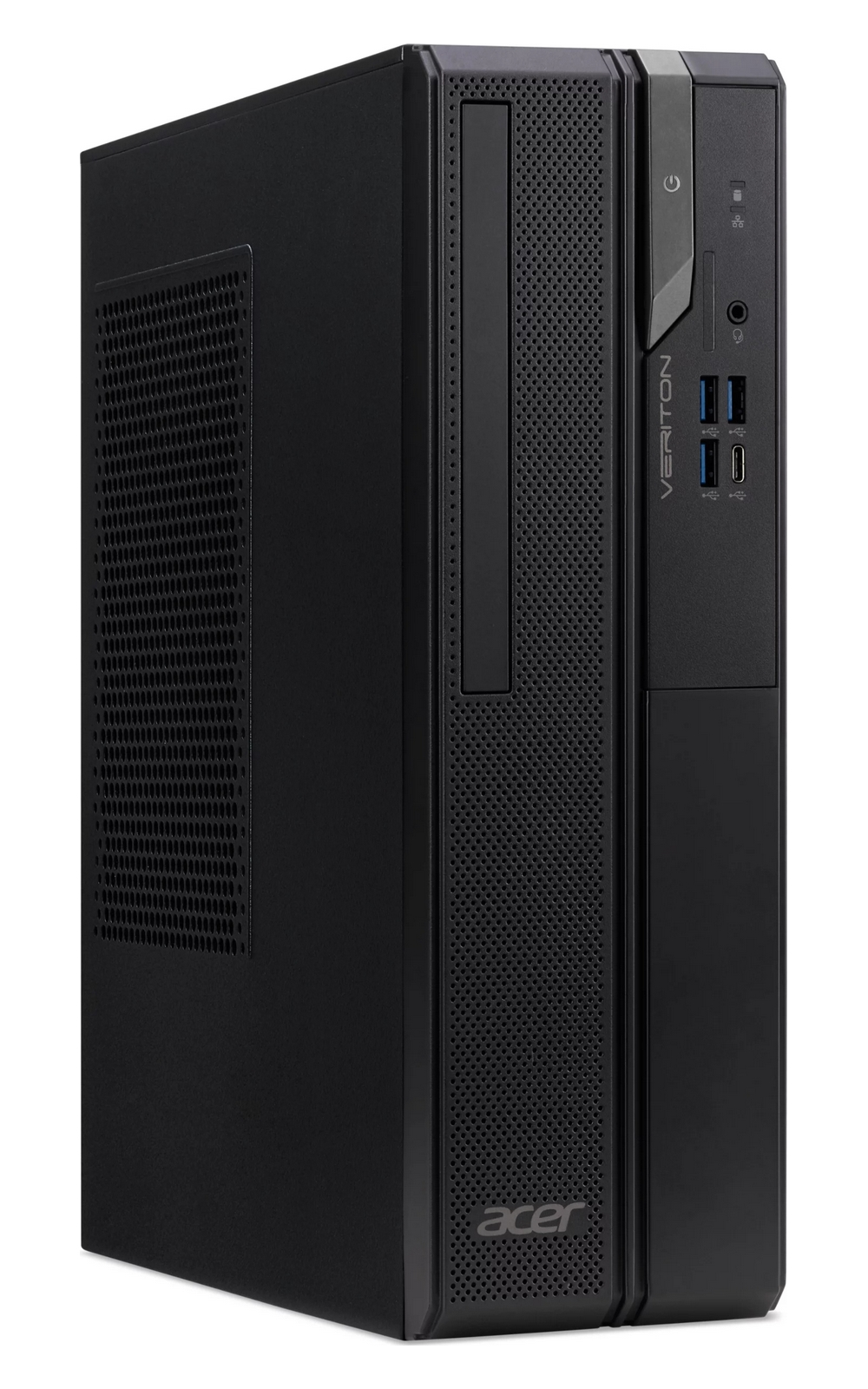 Un PC desktop slim Acer Veriton nero su sfondo bianco, che mostra la parte anteriore e il lato sinistro.