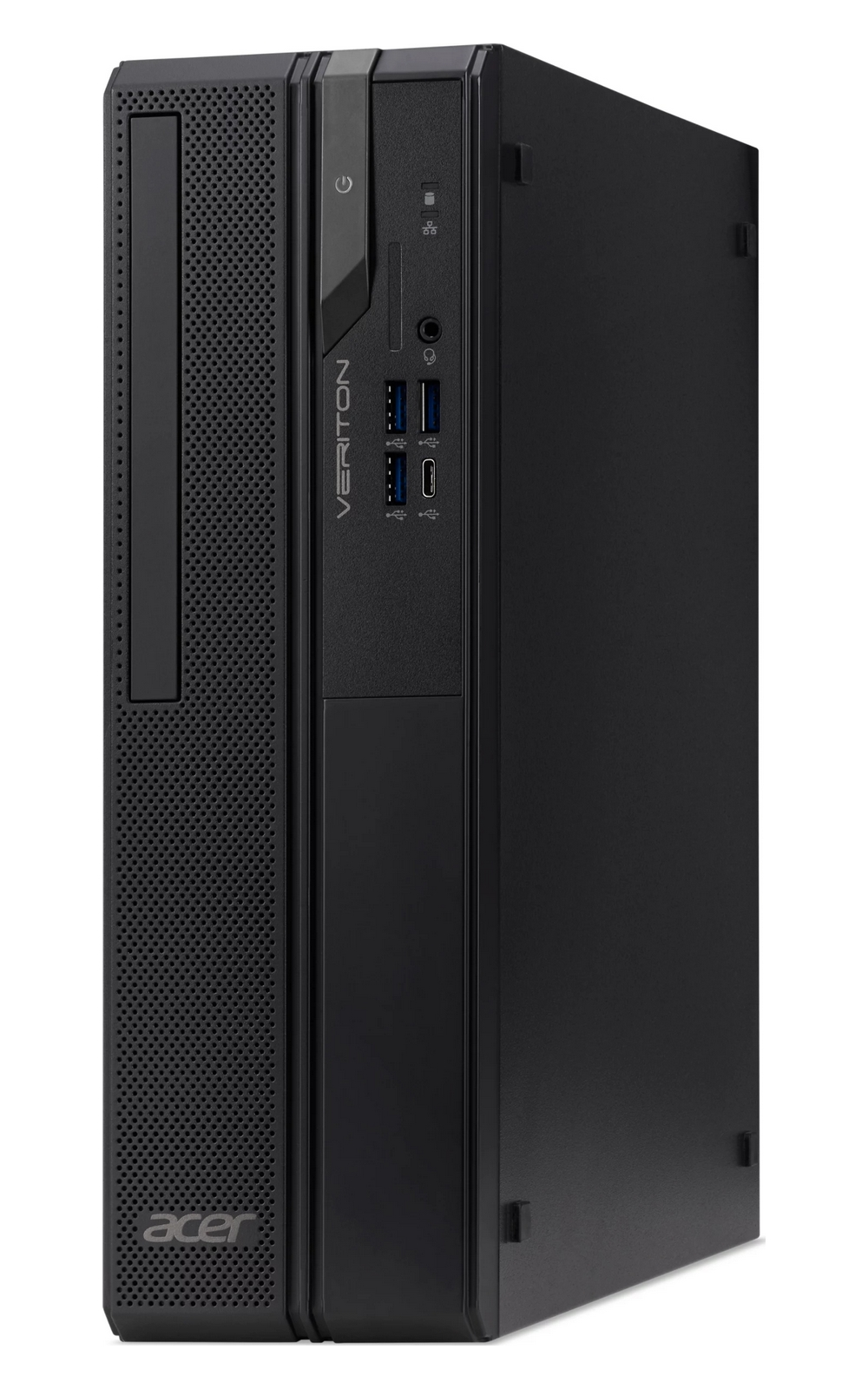 Un computer desktop Acer Veriton nero con porte USB anteriori, jack audio e pulsante di accensione.