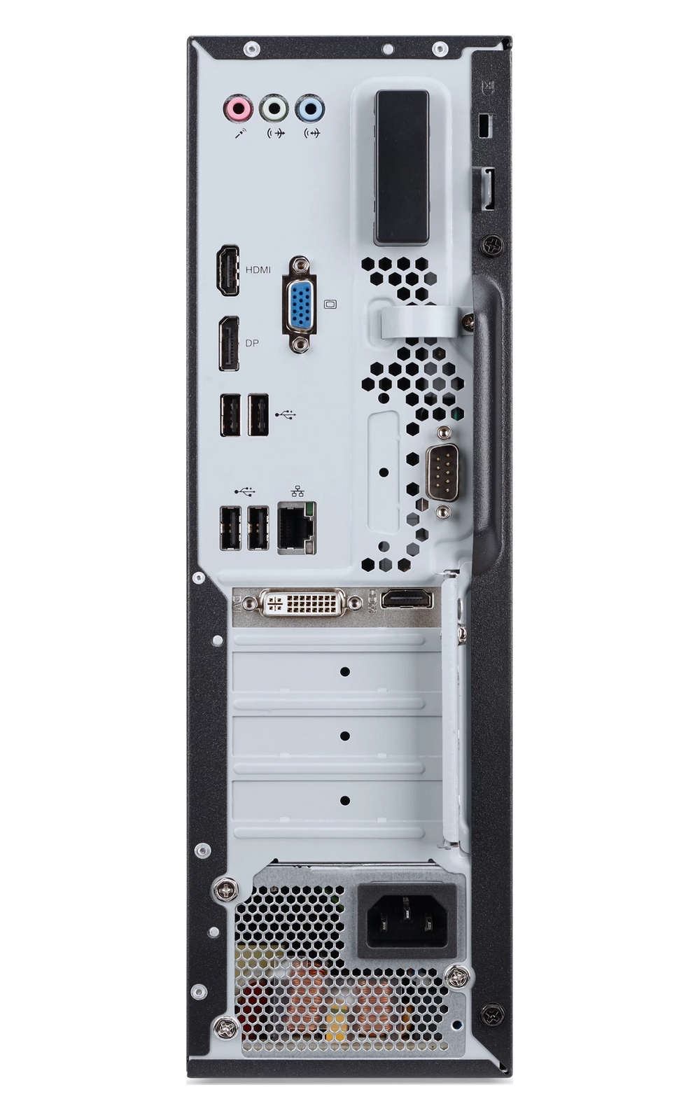 Pannello posteriore di un PC desktop con porte audio, video, USB e di alimentazione.