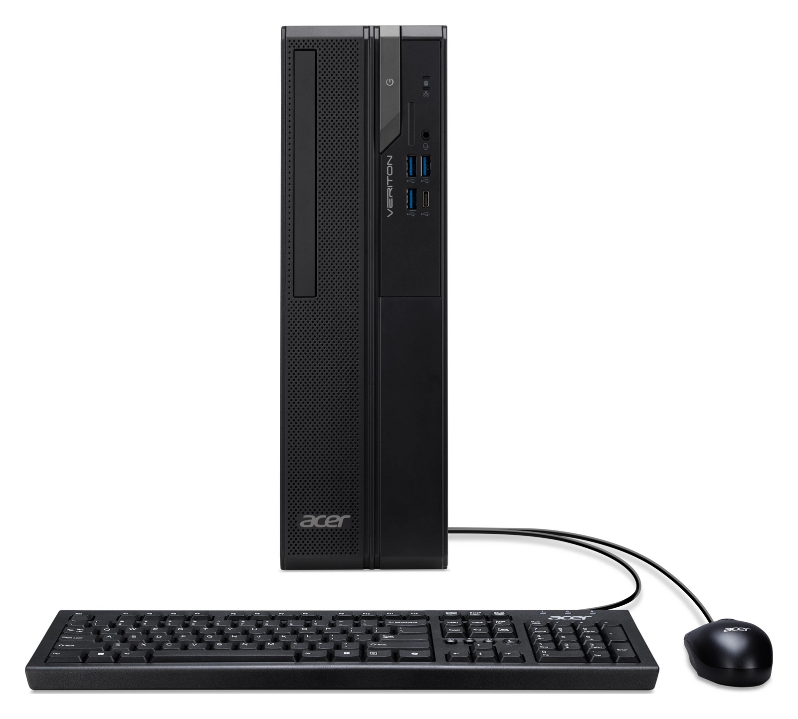 Un computer desktop Acer nero compatto con tastiera e mouse collegati su sfondo bianco.