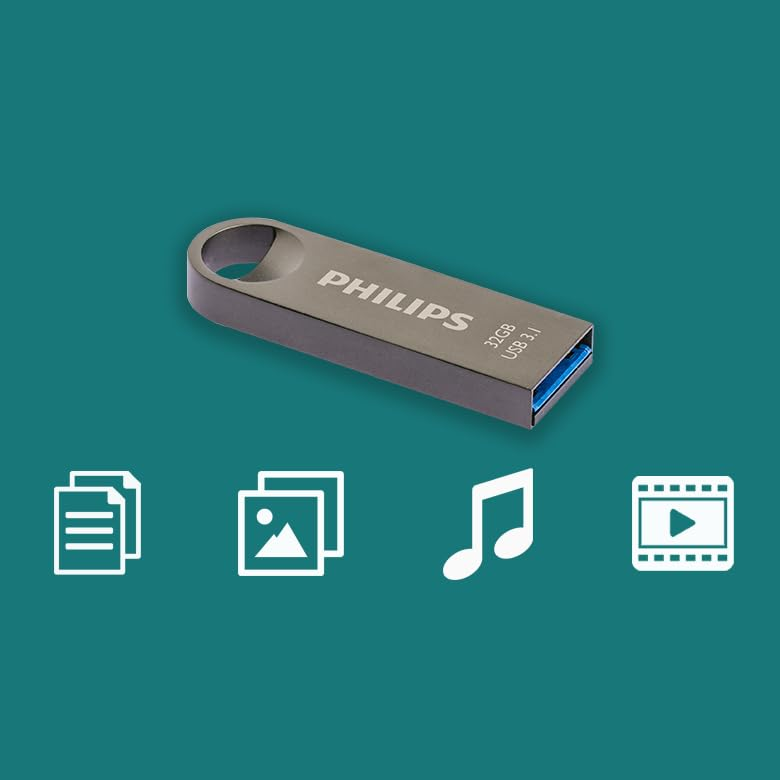 Een Philips USB-flashdrive en pictogrammen voor bestanden, afbeeldingen, muziek en video op een groene achtergrond.