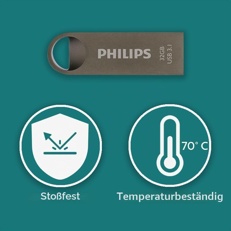 Philips USB-stick met pictogrammen voor schokbestendigheid en temperatuurbestendigheid op blauwe achtergrond.