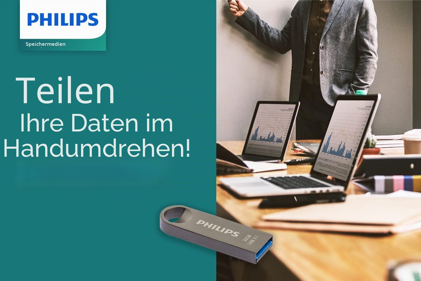 Philips USB-stick op houten bureau met logo en Duitse tekst.