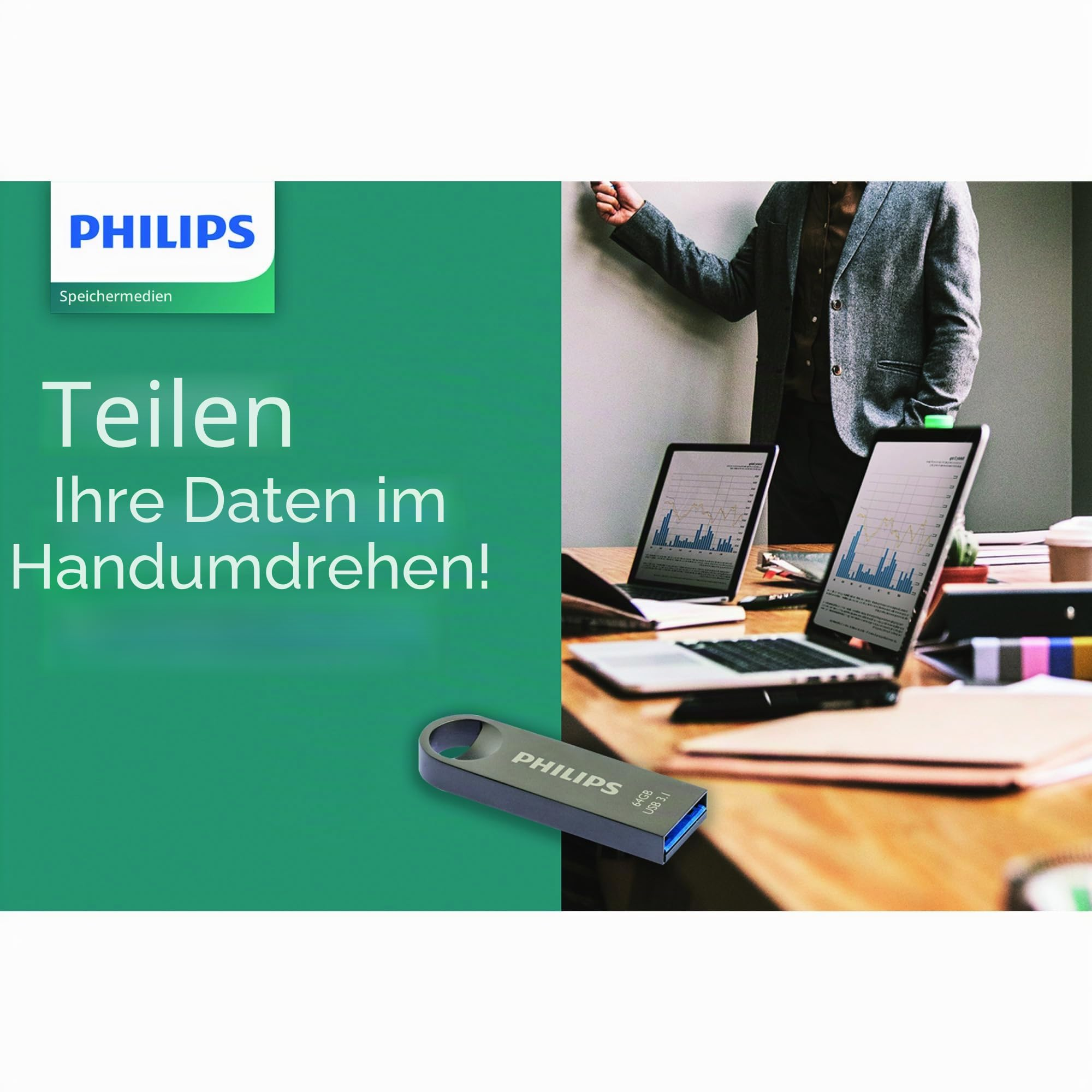 Memoria USB Philips en un póster promocional verde y de madera con ordenadores portátiles y un hombre de negocios.