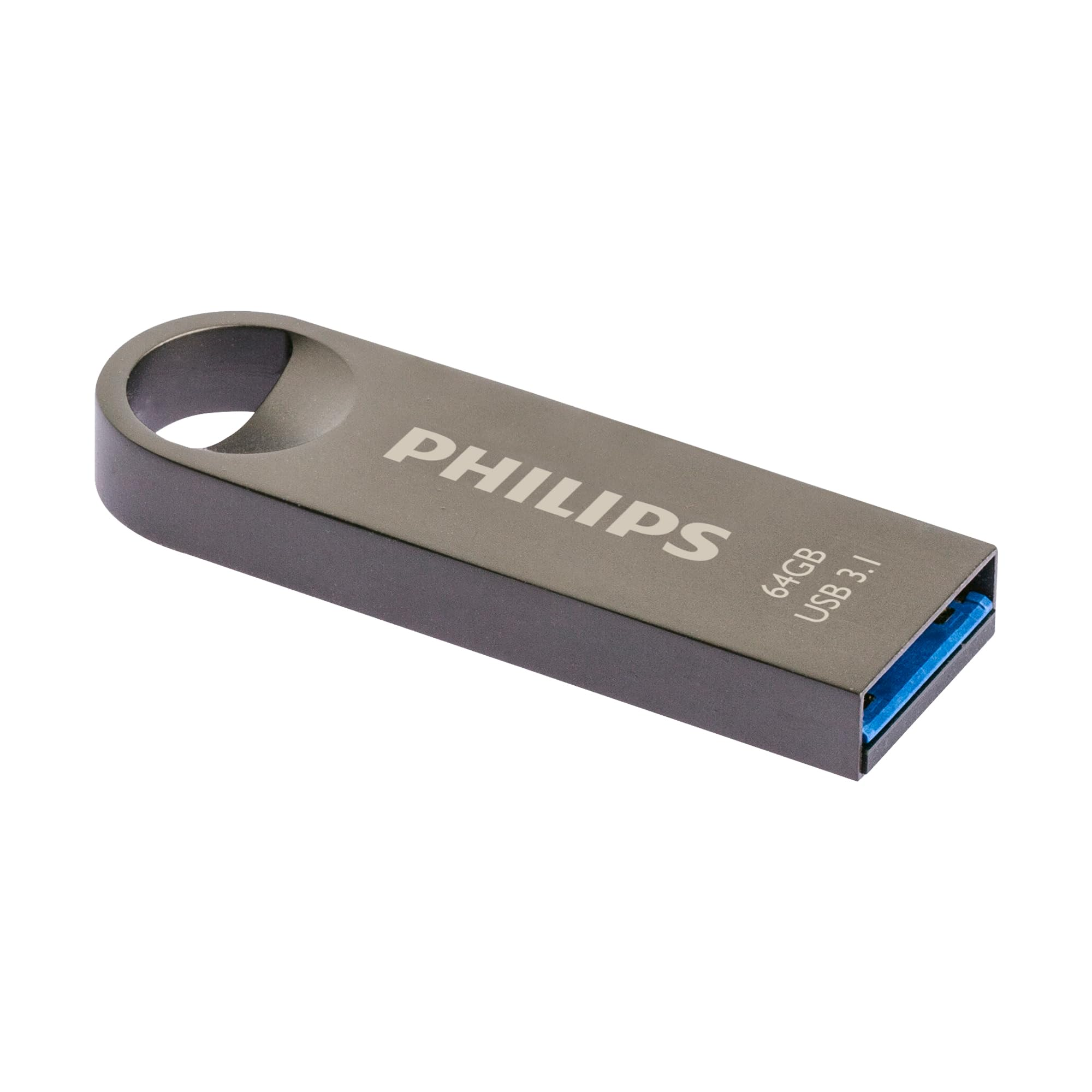 Una memoria USB 3.1 Philips de 64 GB de color gris con un ojal en el extremo.