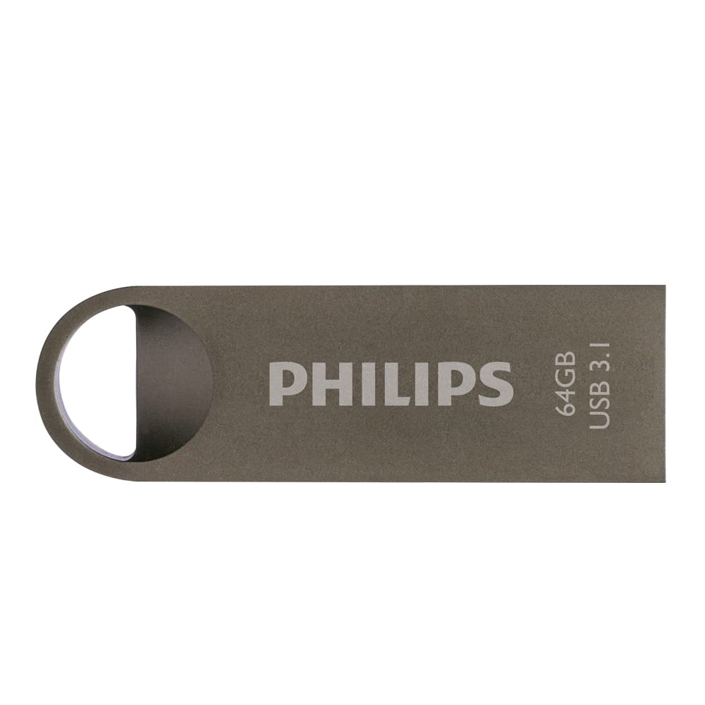 Unidad flash USB 3.1 Philips gris de 64 GB con un agujero circular en un extremo, aislada en blanco.