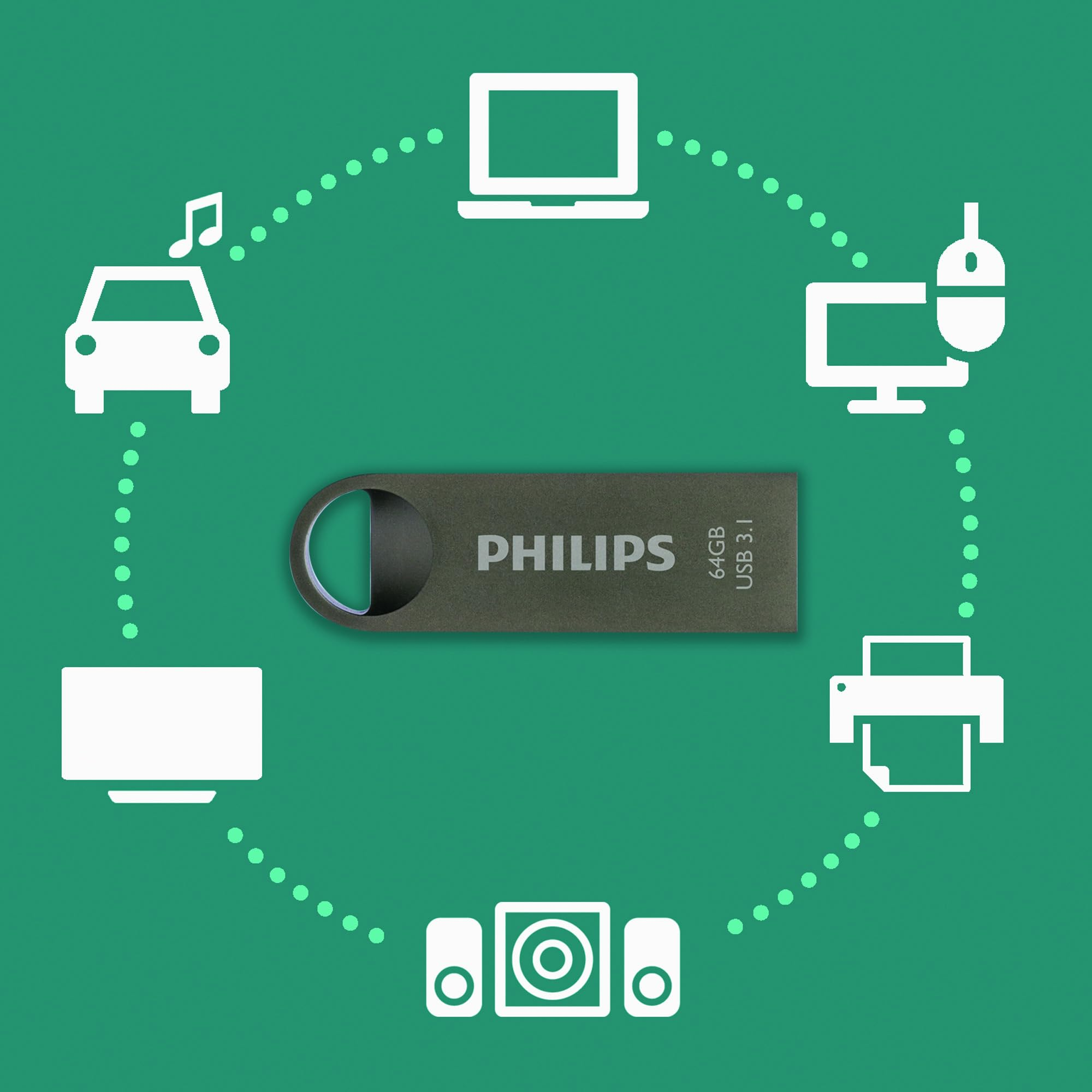 Una unidad flash USB Philips en el centro rodeada de iconos de dispositivos blancos.